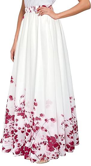 Afibi Women Floral Long Skirts Chiffon Summer Beach High Waisted Maxi Skirts Burgundy 2XL