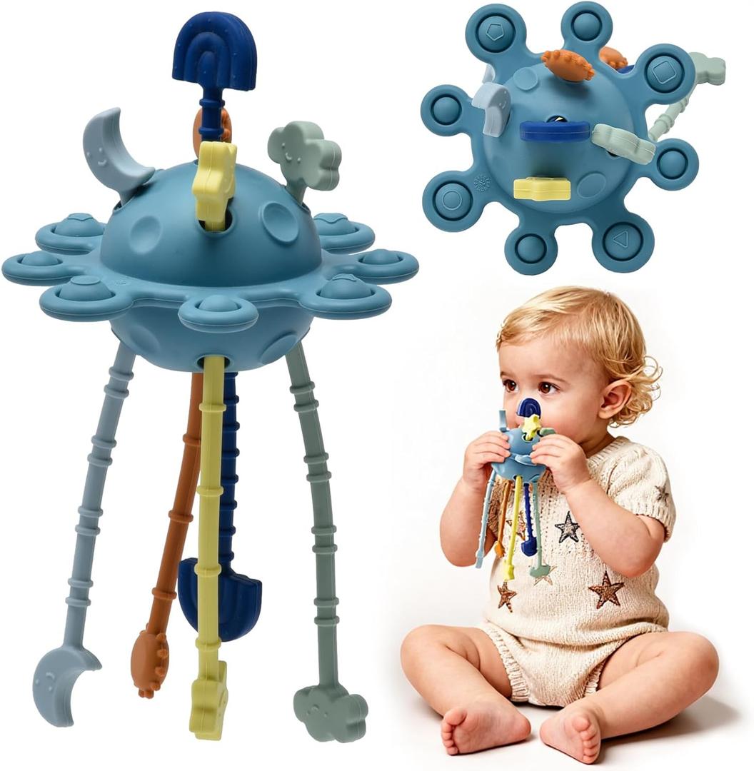 Little Rawr Silicone Baby Sensory Montessori Toys & Pull String Toys for 18 M+, Toddler Birthday Gift Car Seat Airplane Travel for 1 2 Year Old Boy Girl Infant 18 Months Old (Blue)