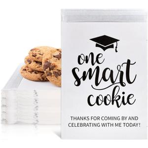 Whaline 100 Pack Graduation Candy Cookie Gift Bags One Smart Cookie Self-Adhesive Buffet Treat Bag Congrats Grad White Kraft Paper Treat Gift Bags for Graduation Party Decoration Supplies