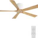 ELEHINSER 52 Inch Flush Mount Ceiling Fan without Light, Low Profile Modern Ceiling Fan with Remote, Quiet DC Motor, 6-Speed, Timer, 5 Solid Wood Blades,White+Light Wood