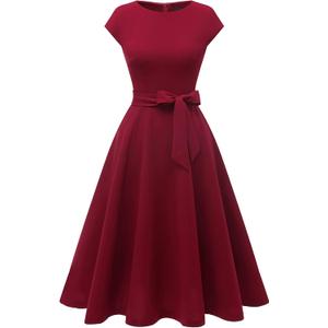 DRESSTELLS Women's Cocktail Dresses, Formal Wedding Guest Modest Church Vintage Tea Party Midi Evening Dress (Large, Burgundy)