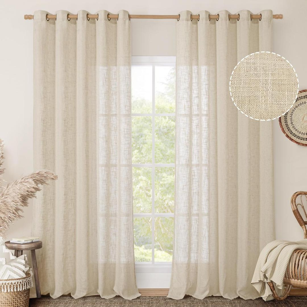 LAMIT Linen Curtains 84 Inch Long for Living Room, Bronze Grommet Linen Light Filtering Window Treatments Semi Sheer Modern Drapes for Bedroom, 2 Panels Set, 60 x 84 Inch