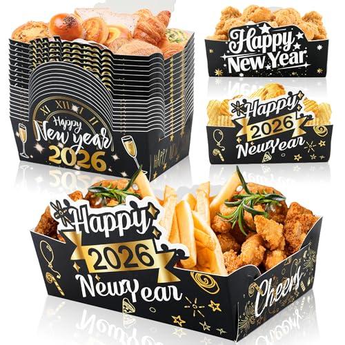 Animsco 36Pcs Happy New Year Snack Trays Disposable Food Holder New Year's Eve Themed Party Suppiles Popcorn Trays for Black Gold Party Decoration