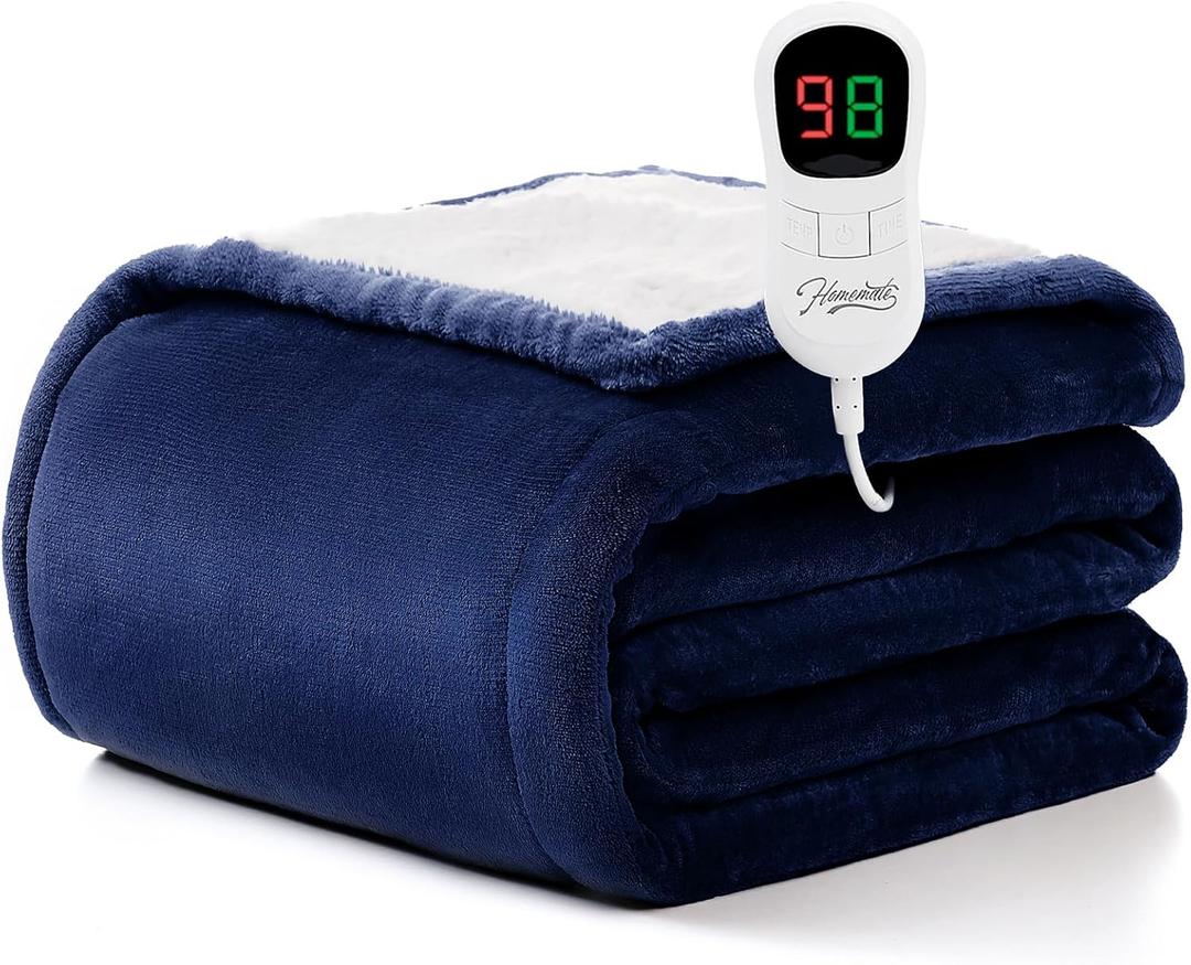 Homemate Heated Blanket Electric Throw - 50/''x60/'' Heating 1/2/4/6/8 Hours Auto-Off 10 Heat Level Over-Heat Protection Flannel Sherpa Heater ETL Certification, Blue