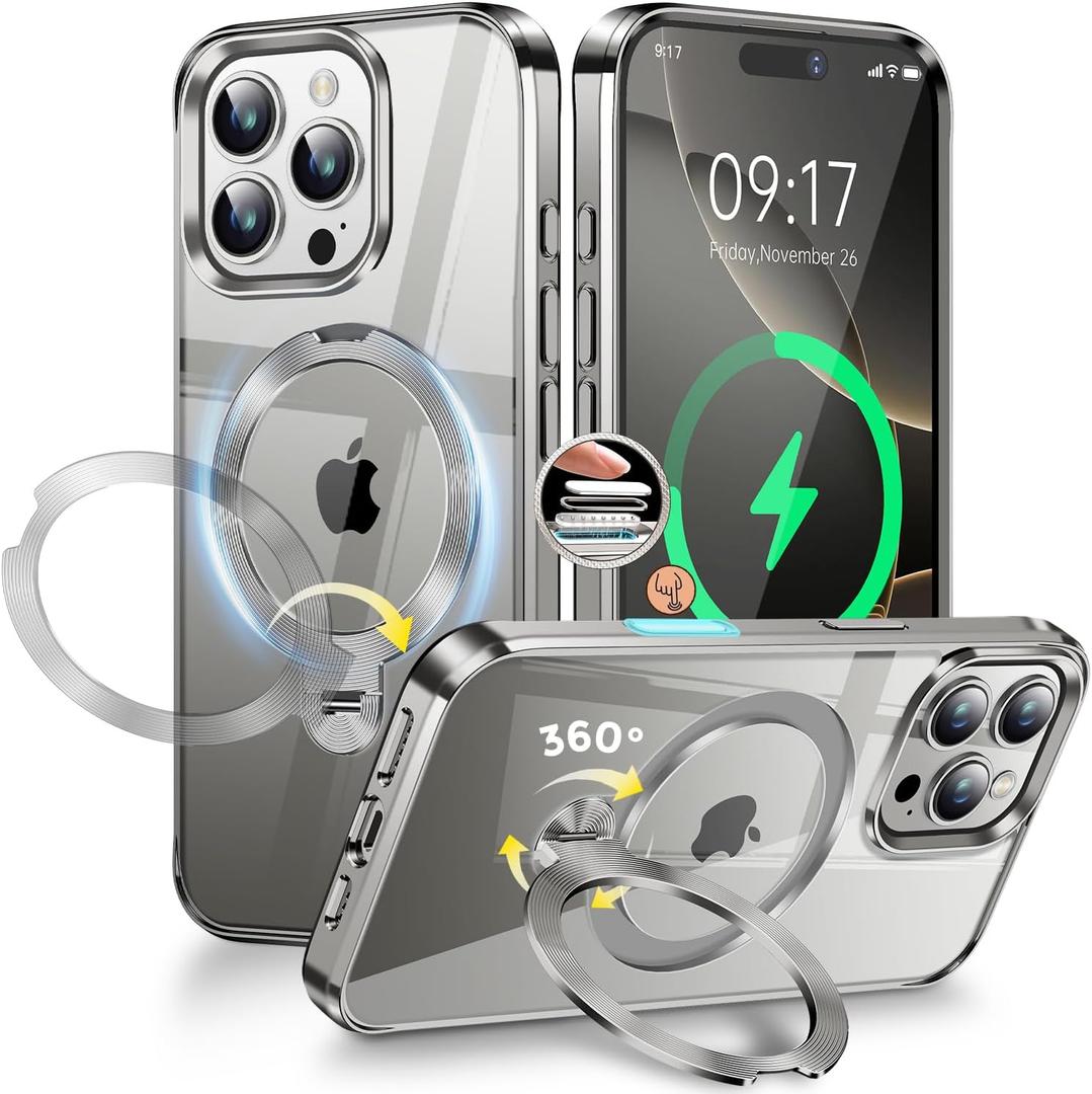 [CD Metal Ring & Invisible 360 Spin Stand] Magnetic Case for iPhone 16 Pro Max [Electroplated Shockproof Bumper ][Compatible with Mag Safe]Cover with Stand for Women Men Slim Clear, Natural Titanium