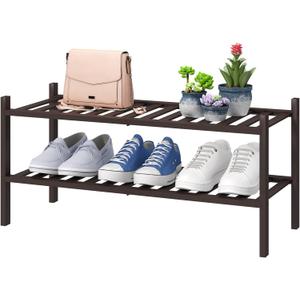 2-Tier Shoe Rack for Entryway, Bamboo Shoe Rack for Closet, Free Standing Shoe Racks for Indoor Outdoor, Stackable Shoe Shelf Storage Organizer for Hallway Closet (Brown)