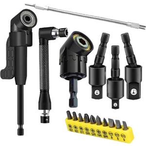 17-Piece Flexible Drill Bit Extension Set with 3 rotatable socket adapters, 2 hex shank 105 right angle drill attachments, 10 short screwdriver bits, and a 90 angled bit with a flexible extension