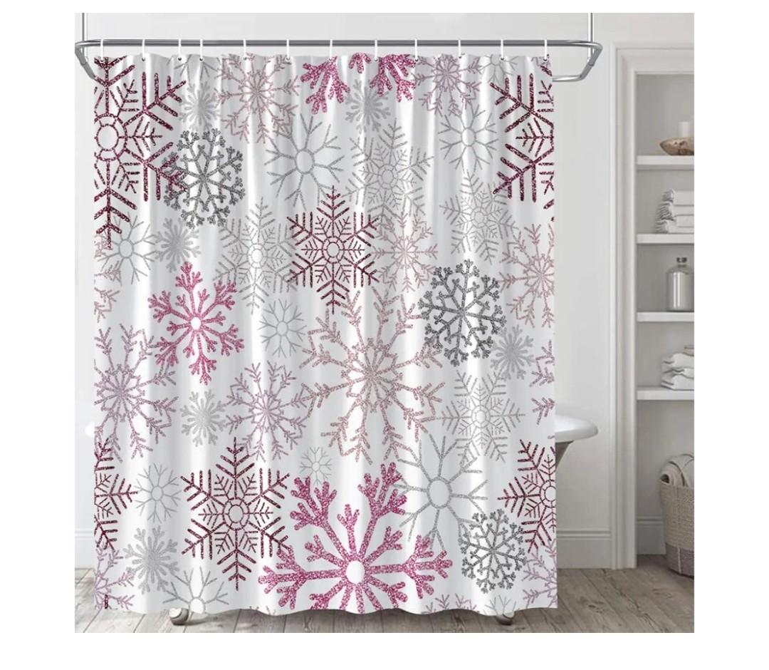 Christmas Shower Curtain Winter Snowflakes Wonderland Pink and Silver Snowflake on White Cute Snowfall Happy New Year Xmas Holiday Modern Polyester Fabric Bathroom Curtain with Hook