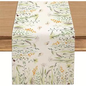 Light Green Wildflower Leaf Butterfly Table Runner ,Seasonal Spring Summer Kitchen Dinning Decoration for Holiday Home Party Decor 13x60 Inch