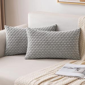 MIULEE Throw Pillow Covers Soft Corduroy Decorative Set of 2 Boho Striped Pillow Covers Pillowcases Farmhouse Home Decor for Couch Bed Sofa Living Room 12x20 Inch Light Grey