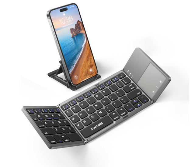 Samsers Foldable Bluetooth Keyboard with Touchpad  Portable Wireless Keyboard with Holder, Rechargeable Full Size Ultra Slim Pocket Folding Keyboards for Android Windows iOS Tablet & Laptop  Black