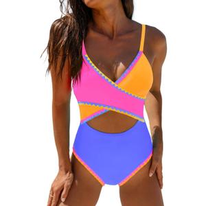 popvil One Piece Swim Suit for Women 2026 Neon Bathing Suit Cut Out Wrap Color Block Swimsuits Shell Stitched Swimwear (S)