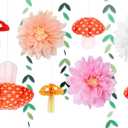 Mushroom Party Decorations for Fairy First Birthday Baby Shower Tea Party Enchanted Forest Cottagecore Decor Red Mushroom Lanterns Honeycomb Balls Pink Daisy Flowers Leaf Garland
