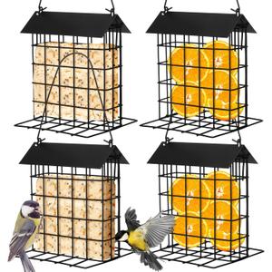 Nuogo 4 Pcs Wild Bird Feeder Squirrel Proof Outdoor Hanging Suet Holder with Metal Roof and Platform Outside Cake Suet Feeder Rainproof Cage for Oriole Hummingbird Chickadee Nuthatch(Black)
