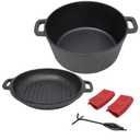 LuckyNote 3 in 1 Pre-Seasoned Cast Iron Dutch Oven, Outdoor Camping Deep Pot, 5 Quart. Cover As A Skillet with Ribbed Bottom Design. With 2pcs Silicone Handel Covers, 1PC Lid Lifter