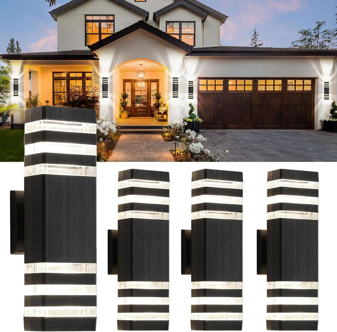 tewei 4 Pack Outdoor Wall Lights, Modern Exterior Light Fixture Wall Mount Black Outside Lights for House Waterproof Aluminum Up and Down Porch Lights Outdoor Wall for Porch Patio Garage, 3-Layer (3 Layer-4 Pack)