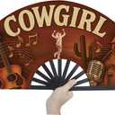 Cowgirl Fans for Line Dancing, 13inch Large Hand-held Flat Fan Western Style Popping Fan for Party, Festival, Club, Dancing
