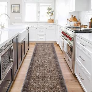 RYB HOME Washable Round Area Rug 5ft for Living Room, Floral Pattern Vintage Boho Rug for Bedroom, Soft Faux Wool Non Shedding Carpet for Dining Room Office Guest Room, Brown