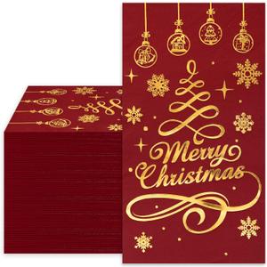 Whaline Merry Christmas Guest Paper Napkin Red Gold Foil 3 Ply Disposable Napkin Xmas Tree Dinner Hand Napkin Towel for Winter Party Supplies Table Decor, 80Pcs
