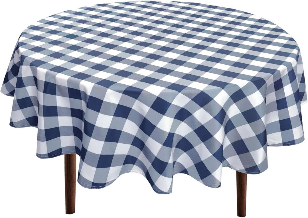 Hiasan Checkered Round Tablecloth 120 Inch - Waterproof Stain and Wrinkle Resistant Washable Fabric Table Cloth for Dining Room Party Outdoor Picnic, Navy Blue and White