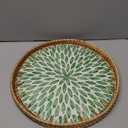 Round Rattan Tray with Mother of Pearl Inlay, Decorative Wicker Serving Tray with Wooden Base, Woven Basket Trays for Bread Fruits Coffee, Leaf