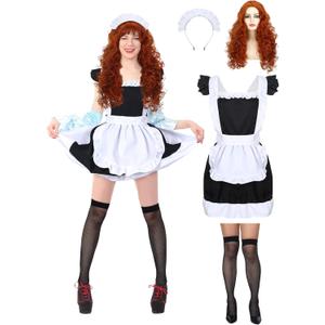 Maid Costume Set Includes Retro Frilly Aprons Curly Wig Mesh Socks Lace Headbands for Halloween Costume