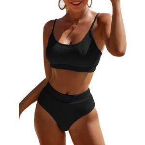 Fanuerg Women's Ribbed High Waisted Bikini Sets Scoop Neck Two Piece Swimsuits Spaghetti Strap Textured Bathing Suit (Black, S)