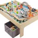 Amazon Basics 120 Piece Wooden Train Set with Activity Table, Sturdy Tracks, Storage Bin, Easy to Assemble, Kids Gift for Age 3Y+, 47.44 x 33.46 x 16.14 in
