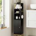 Bathroom Storage Cabinet,Small Corner Floor Cabinet with 2 Hook,Narrow Tall Toilet Paper Cabinet with Adjustable Shelves,Bathroom Organizer for Living Room,Small Spaces (Wave, Black-37''H)