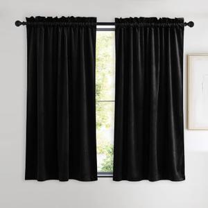 NICETOWN Black Out Velvet Curtains 54 inches Long for Patio, Solid Heavy-Duty Energy Saving Short Window Treatments Rod Pocket Drapes for Cafe (2 Panels42 inch Wide)