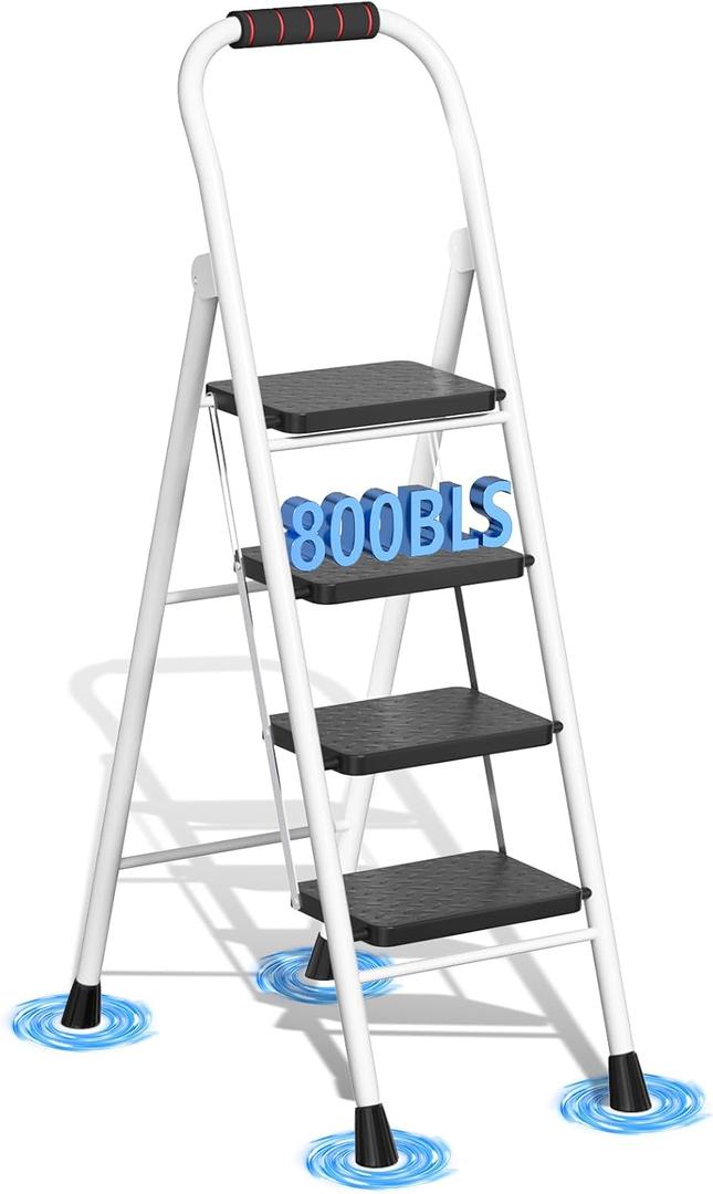 4 Step Ladder, Folding Step Stool with Wide Anti-Slip Pedal & Thick Rubber Feet, Handrail, Safe-Lock Design, Folding Portable Ladder for Multi-Purpose, 800lb, White