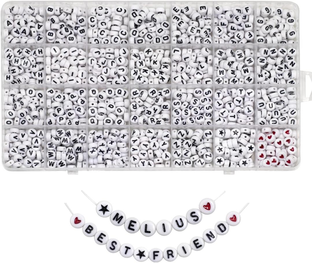 Melius Acrylic Letter Beads, 1450 Pcs 4x7mm Round Alphabet Beads in 28 Grid Box for Jewelry Making, DIY Bracelets (4x7mm, White)