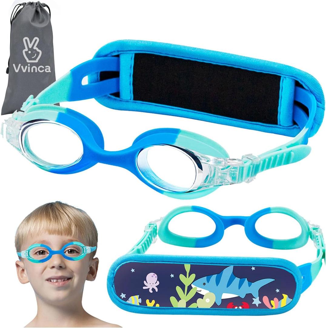 Vvinca Kids Swim Goggles with Fabric Strap No Tangle Pain-Free, Anti-Fog Swimming Pool Goggle No Leak for Toddlers Girls Boys (01-light Green Blue)