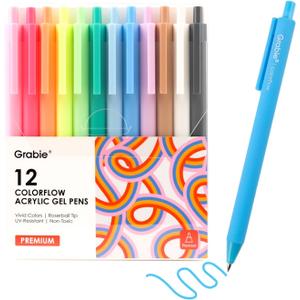 Grabie Acrylic Gel Pens, 0.6mm Fine Point Retractable Gel Pens for Journaling Note Taking, Pack of 12
