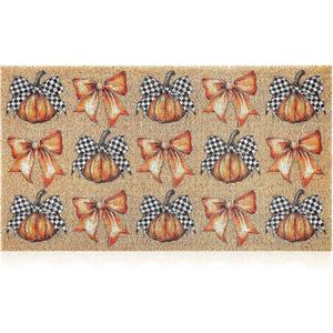 Dunzy Fall Pumpkin Plaid Bow Doormats Coquette Imitation Coir Outdoor Mat Harvest Welcome Front Non-Slip Door Mats Autumn Thanksgiving Rugs Decor for Indoor Outdoor Home Entrance Porch