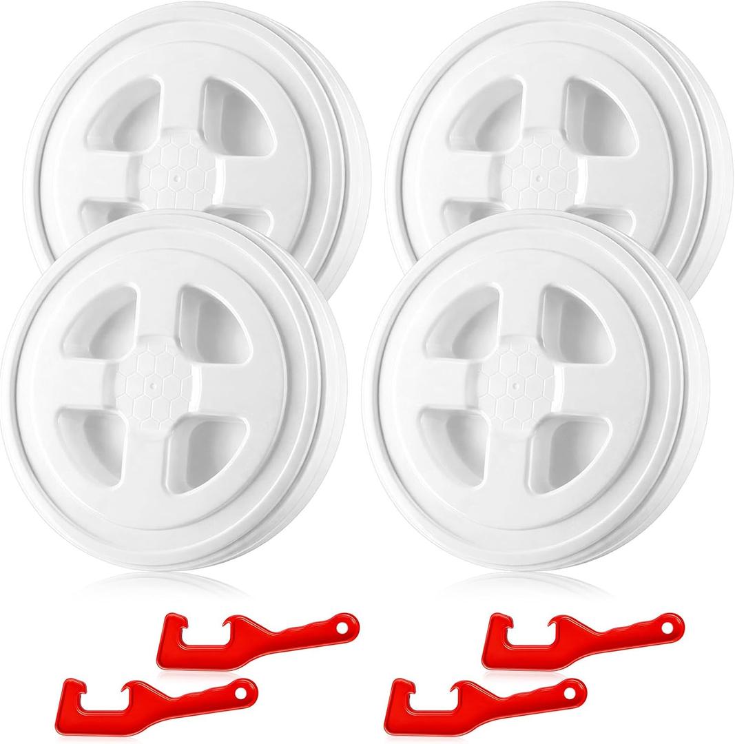 Novabright 4 Pcs 5 Gallon Bucket Lids with 4 Lid Openers 12 Inch Leak-proof Food Plastic Screw Top Seal Lids for Pet Food Storage, Chicken Feed Containers, and Paint Storage(White)
