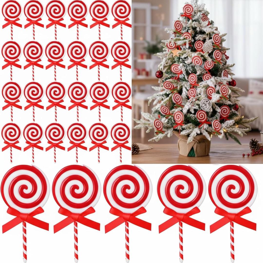 Beeveer 50 Pcs Bulk Christmas Candy Cane Decorations Plastic Peppermint Lollipop Candy Ornaments for Xmas Tree, DIY Crafts, Plain Wreaths,Swags,Garlands Decor(Red, White)