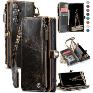 Defencase for Galaxy S25 Case Wallet with RFID Blocking Card Holder for Women Men, Elegant Leather Magnetic Snap Flip Wristlet Strap Zipper Wallet Phone Cases for Samsung Galaxy S25 5G 6.2", Coffee