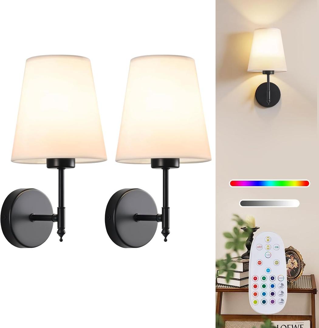 Battery Operated Wall Sconce Set of 2, Rechargeable Wall Lights with 5200mAh Dimmable Bulbs and Remote,15 RGB Colors Wireless Wall Lamps with Fabric for Bedroom Living Room Hallway Decor (Black)