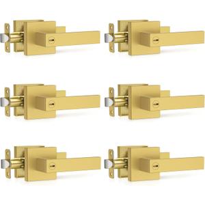 6 Pack Brushed Gold Door Handles, Interior Door Knob Heavy Duty, Flat Square Privacy Door Locks, Keyless Door Leverset for Bedroom and Bathroom