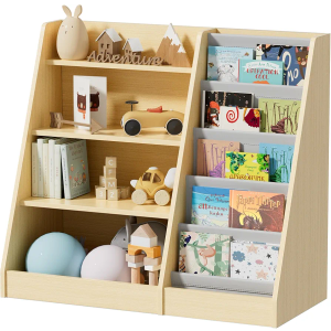 Mr IRONSTONE Kids Bookshelf and Toy Storage, 4 Tier Wooden Kids Bookcase with 5 Layer Sling Book Shelf for Kids Rooms, Classroom, Bedroom, Nursery Bookshelf for Baby, Children, Toddler