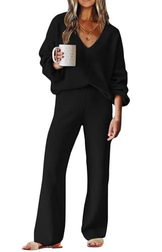 ETCYY NEW Womens 2 Piece Outfits Sweater Lounge Set Casual V Neck Knit Pajama Set Long Sleeve Top Wide Leg Pants Loungewear, Black, XL