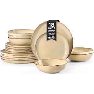 Herogo Stoneware Dinnerware Sets for 6, 18pcs Irregular Handmade Dinner Dish Set, Plates and Bowls Dishware for Kitchen Dining, Microwave & Dishwasher Safe, Cream Khaki