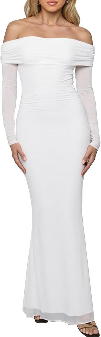 BORIFLORS Women's Elegant Off The Shoulder Bodycon Long Sleeve Maxi Dress Mesh Cocktail Party Wedding Guest Formal Dresses (Large, White)