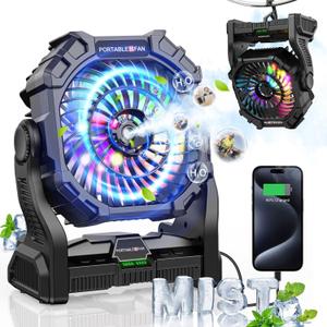 Misting Fan Portable,12000mAh Rechargeable Battery Powered Fan with RGB Light, Personal Cooling Camping Fan for Tents with Timer&Hook, Camping Gear for Fishing,Beach,Travel,Hurricane(Black)