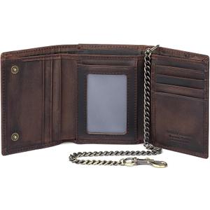 Trifold Chain Wallets for Men, Genuine Leather Wallet RFID Blocking Anti-Theft Chain for Biker, Motorcycle (Dark Coffee)