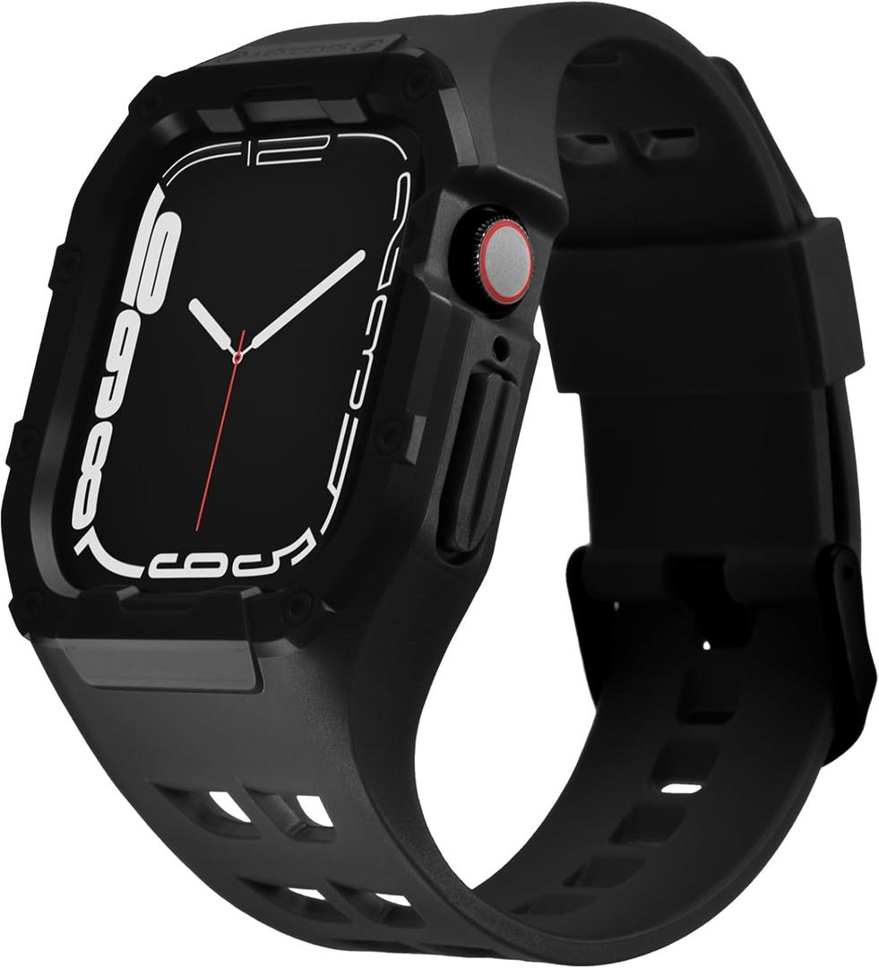 Nereides Compatible With Apple Watch Band 45mm 44mm, for Apple Watch Series series 9/8/7/6/5/4/SE/SE2, Sports Strap with TPU Band,Shockproof PC Frame Bumper, Rugged Heavy Duty Band Men (Original Black)