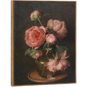 Pyradecor Framed Pfingstrosen Floral Canvas Vintage PS Frame Ready to Hang Home Wall Decor 24.6"L x 20.7"W