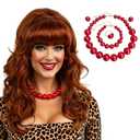 Copper Red Long Curly Beehive Wig with Red Pearl Necklace Vintage Wig with bangs for Women Costume Cosplay Fancy Dress 60s 70s Retro Wigs