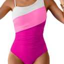 Aidonger One Shoulder One Piece Swimsuit for Women Tummy Control Bathing Suits Color Block Ruched Swim Suit Slimming Swimwear (Pink), Size Small